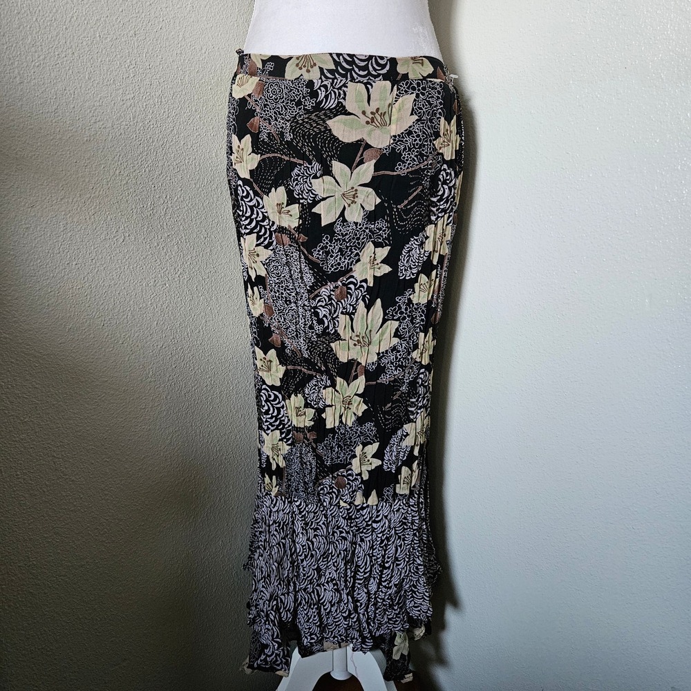 Indira Black Floral Crinkle Tiered Ruffle Maxi Skirt